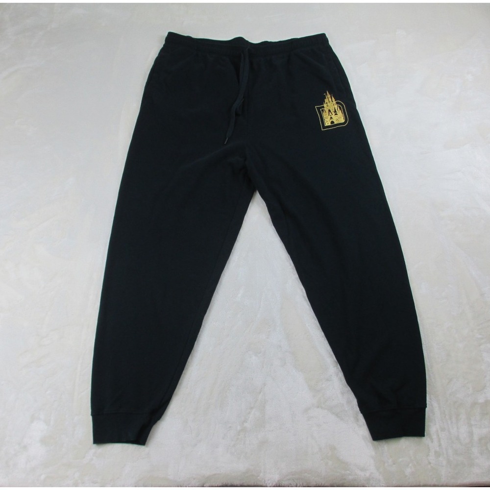 Disney Pants Mens Extra Large Black Sweat Pants Castle Logo Joggers Lounge Gym*
